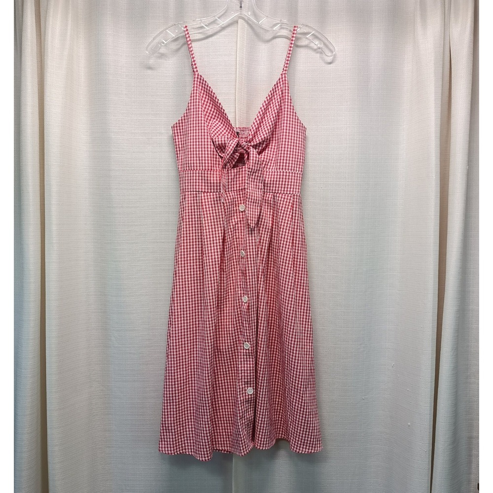 Fancyinn Womens M Red White Gingham Tie Front Smocked Midi Dress Retro PinUp